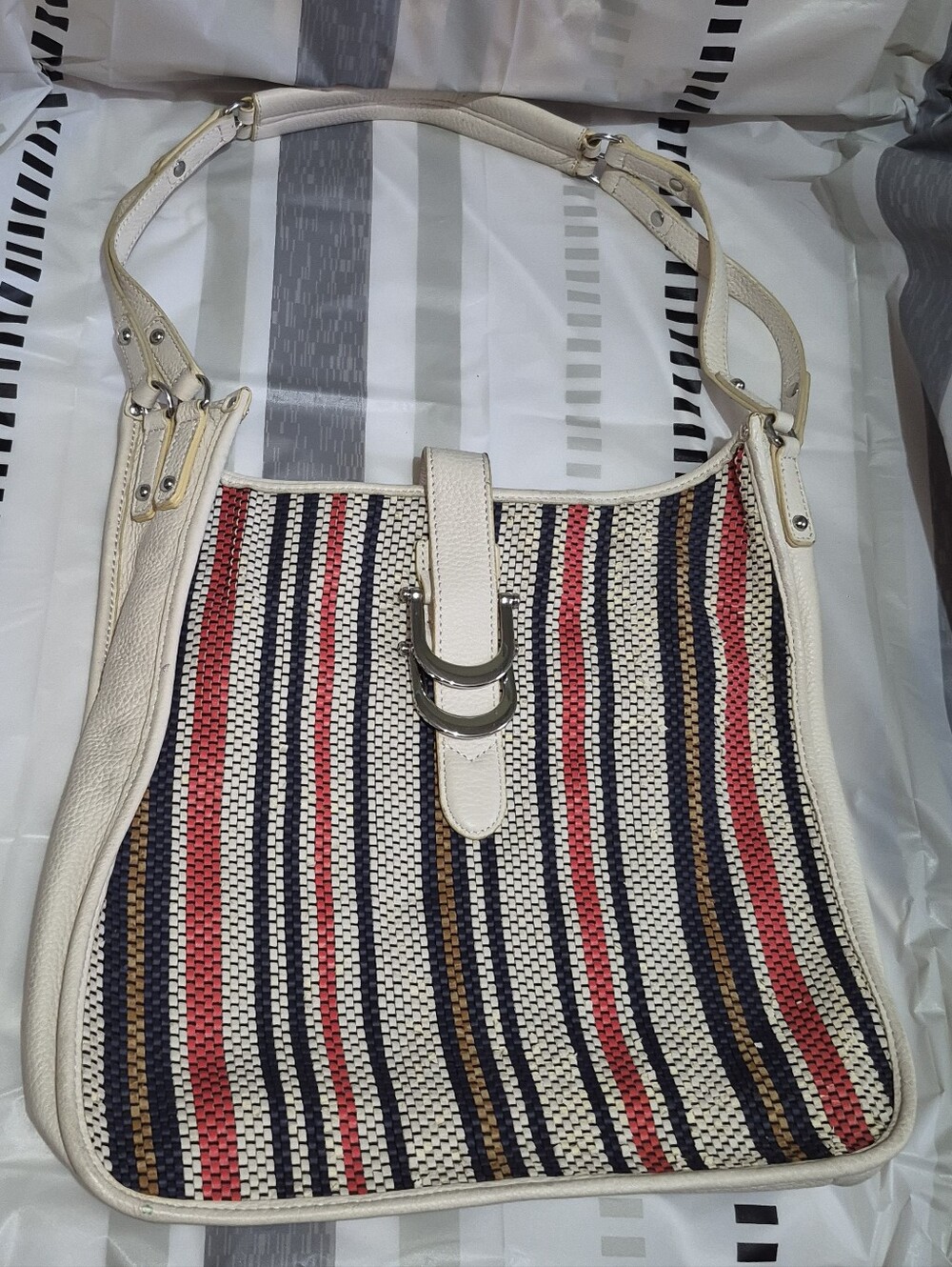 Sam Edelman Cream Woven Shoulder Bag with Red & Navy Stripes